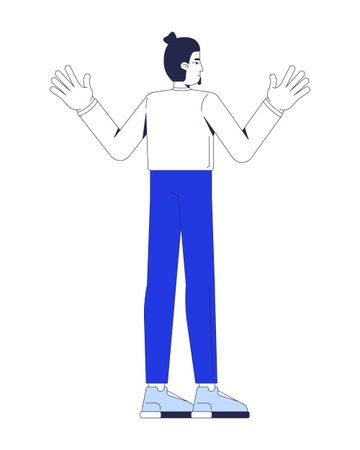 Male office worker from behind with raised hands 2D cartoon character. Caucasian man employee giving up. Businessman hands up flat vector person isolated on white. Spot illustration colorfulのイラスト素材