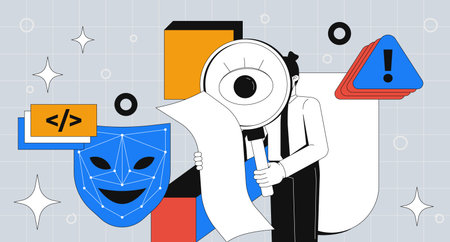 Cybersecurity and code inspection 2D mixed media illustration. Cyber specialist analyzing with loud Vulnerability scan cartoon conceptual collage art. Vector flat concept on color backgroundのイラスト素材