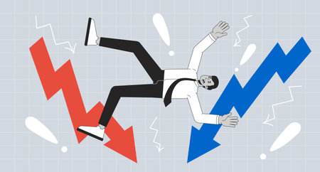 Businessman falling between downward market trends 2D mixed media illustration. Investor loss. Unpredictable financial downturn cartoon conceptual collage art. Vector flat concept on color backgroundのイラスト素材