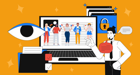 Digital privacy and user profiling 2D mixed media illustration. Diverse people monitoring. Online...