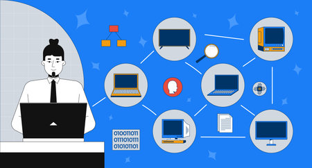 Networked devices and digital connections 2D mixed media illustration. Data exchange. IT specialist...