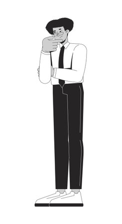 Thinking hispanic businessman with glasses 2D line character. Problem solving. Pensive analyst. Corporate latino man rubbing chin isolated vector ink outline person. Monochromatic spot illustrationのイラスト素材