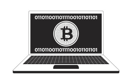 Bitcoin symbol on laptop screen with binary code 2D line object. Digital currency. Blockchain technology. Cryptocurrency software isolated clipart vector ink outline item. Monochrome spot illustrationのイラスト素材