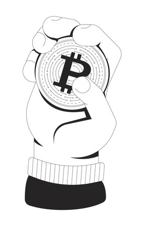 Hand holding bitcoin coin outline illustration. Fingers gripping BTC digital currency. Investment control. Cryptocurrency power isolated 2D vector image black and white. Linear drawing clip artのイラスト素材