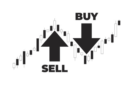 Financial candlestick chart with buy and sell arrows 2D line object. Price trend in forex trading. Stock market movement points isolated clipart vector ink outline item. Monochrome spot illustrationのイラスト素材
