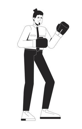 Determined businessman wearing boxing gloves ready to fight 2D line character. Caucasian male office worker in aggressive pose isolated vector ink outline person. Monochromatic spot illustrationのイラスト素材