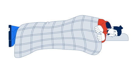 Tired man sleeping in jacket and shoes under checkered blanket 2D cartoon character. Shelter need. Homeless refugee caucasian male flat vector person isolated on white. Spot illustration colorfulのイラスト素材