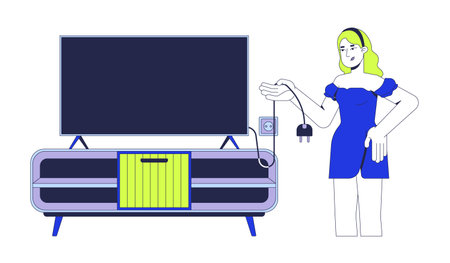 No TV lifestyle 2D vector illustration. Mindful offline living. Screen break. Woman unplugging television from power outlet flat character isolated on white background. Colorful cartoon imageのイラスト素材