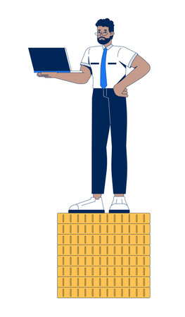 Corporate black man with laptop standing on coins 2D cartoon character. Digital entrepreneur profit. African american office worker flat vector person isolated on white. Spot illustration colorfulのイラスト素材