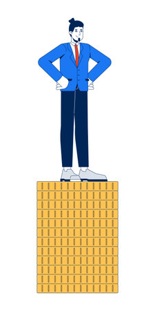 Proud businessman standing on stack of coins 2D cartoon character. Rich elite. High status. Economic class. Rich corporate man flat vector person isolated on white. Spot illustration colorfulのイラスト素材