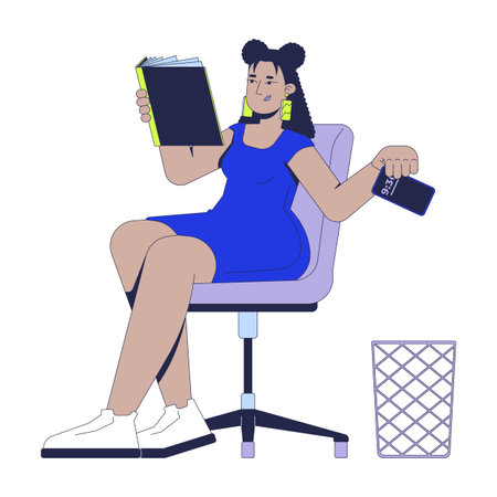 Reading book instead of using phone 2D vector illustration. Digital detox. Mindful leisure time. Offline read. Slow living woman flat character isolated on white background. Colorful cartoon imageのイラスト素材