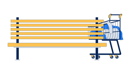 Shopping cart with belongings next to park bench 2D cartoon object. Urban poverty. Shoppingcart with clothes and outdoor seat isolated element flat vector clip art on white. Spot illustrationのイラスト素材