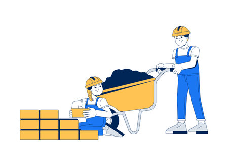Children performing construction work in harsh conditions 2D cartoon characters. Tired kids workers pushing wheelbarrow, laying bricks flat vector people isolated on white. Spot illustration colorfulのイラスト素材