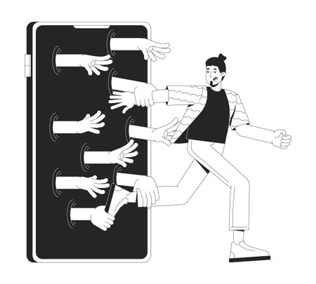 Social media addiction line illustration concept. Digital dependency. Phone obsession. Man runs away from smartphone with hands grabbing outline 2D character isolated. Ink linear metaphor vector artのイラスト素材