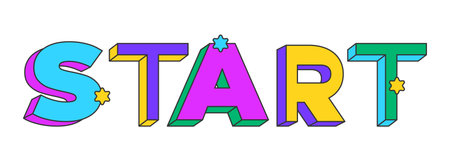 Start playful 3D text design. Begin action. Process initiation. Launch tool. Initialize feature. Trigger. Multicolor block letters. Retro funky style with stars. Pop culture. Montserrat font usedのイラスト素材