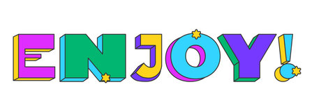 Enjoy playful 3D text design. Feeling joy delight. Enthusiastic response. Casual affectionate post. Multicolor block letters. Retro funky style with stars. Pop culture. Montserrat font usedのイラスト素材