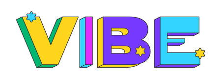 Vibe playful 3D text design. Relaxed mood. Vacation feel. Chill lifestyle. Good vibes. Youth culture. Multicolor block letters. Retro funky style with stars. Pop culture. Montserrat font usedのイラスト素材