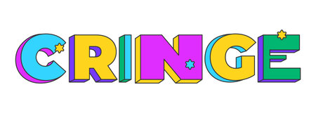 Cringe playful 3D text design. Awkward moment. Embarrassing reaction. Secondhand-shame. Discomfort vibe. Multicolor block letters. Retro funky style with stars. Pop culture. Montserrat font usedのイラスト素材