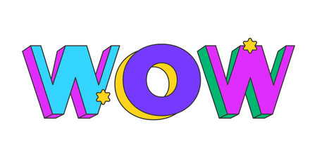 Wow playful 3D text design. Amazement excitement expression. Admiration reaction. Impressive viral post. Multicolor block letters. Retro funky style with stars. Pop culture. Montserrat font usedのイラスト素材