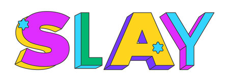 Slay playful 3D text design. Confidence glamor. Self-expression. Diva beauty flex. Power style. Glam mode. Multicolor block letters. Retro funky style with stars. Pop culture. Montserrat font usedのイラスト素材