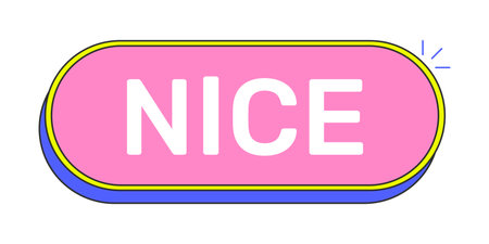 Nice rounded pink cartoon UI button. Friendly approval. Expressing positivity satisfaction comment. Good job. Clickable call-to-action. Flat vector illustration. Cute design. Rubik font usedのイラスト素材