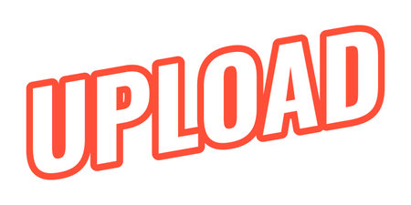 Upload modern bold outlined web element. Submit file. Send content. User sharing. Document, media transfer tool. Slanted text design with red contour. Angled typography, UI UX. Oswald font usedのイラスト素材