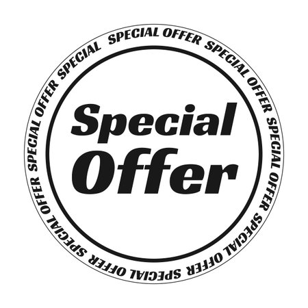 Special offer circular black and white sticker isolated. Shopping promo deal. Shop sale. Pop vibe announcement. Round badge label. Emblem tag. Monochrome typography. Print ready flat illustrationのイラスト素材