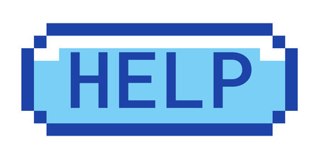 Help retro pixel style blue button. Assistance request. Customer support. User guidance. Website faq...