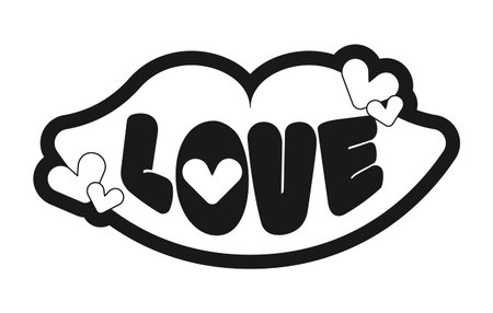 Lip shape love kiss black and white sticker isolated. Romance Valentines day. Retro cute design. Romantic vintage Y2K. Badge label. Emblem tag. Monochrome typography. Print ready flat illustrationのイラスト素材