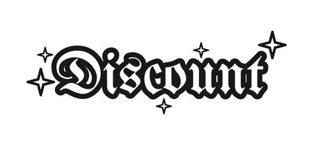 Discount cute gothic black and white sticker isolated. Vintage anime aesthetic. Sale promotion. Store promo. Special deal. Badge label. Emblem tag. Monochrome typography. Print ready flat illustrationのイラスト素材
