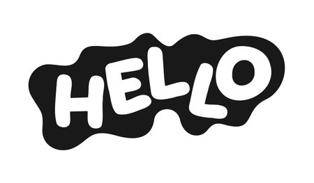 Hello black and white sticker with funky blob isolated. Fun greeting. Happy message. Casual hi. Cheerful cartoon word. Badge label. Emblem tag. Monochrome typography. Print ready flat illustrationのイラスト素材