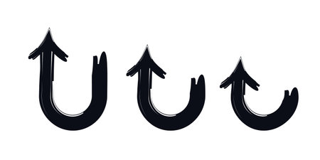 Hook arrows upward left bold thick stroke graphic element set. U-shape curved tail signs of varying size. Expressive grunge marker highlight pointers. Ink rough direction. Vector illustrationのイラスト素材