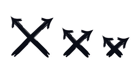 Crossed arrows bold thick stroke graphic element set. X-shaped diagonal pointing ends. Intersection expanding. Expressive grunge marker highlight pointers. Ink rough direction. Vector illustrationのイラスト素材