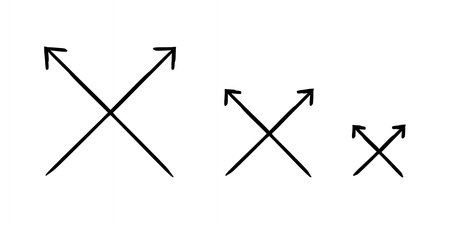 Crossed arrows hand-drawn sketch graphic element set. X-shaped diagonal pointing ends. Intersection expanding. Doodle direction. Minimal black pointers. Ink freehand symbols. Scribble illustrationのイラスト素材