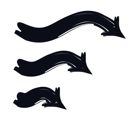 Squiggly curved arrows pointing down bold thick stroke graphic element set. Downward flow in fluid motion. Expressive grunge marker highlight pointers. Ink rough direction. Vector illustrationのイラスト素材