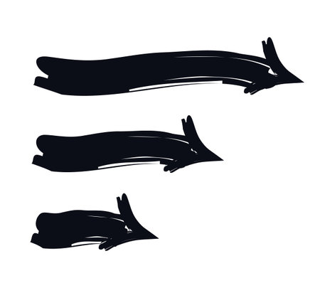 Downward curved arrows to right bold thick stroke graphic element set. Smooth flow. Soft bend. Falling trend. Expressive grunge marker highlight pointers. Ink rough direction. Vector illustrationのイラスト素材