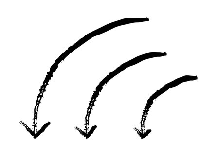 Curved down arrows in sweeping motion grunge doodle design element set. Downward arc. Left curve. Handdrawn pointers. Dynamic sketchy rough direction cliparts. Distressed black ink line symbolsのイラスト素材