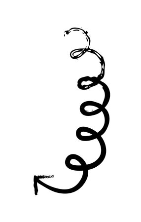Silly curly arrow spirals vertically downward grunge doodle design element. Quirky left turn. Visual guide. Hand drawn pointer. Dynamic sketchy rough direction clipart. Distressed black ink line symbolのイラスト素材