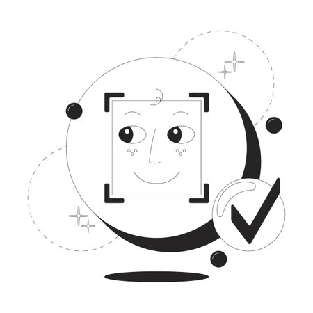 Face ID recognition clean onboarding illustration. Smiling user inside scanning frame with checkmark. Identity verification. UX design. Mobile UI app introduction. Black and white line vector conceptのイラスト素材