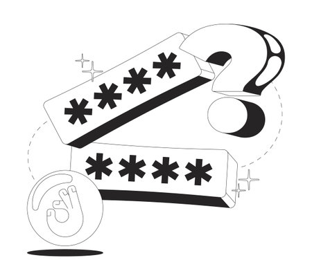 Password check clean onboarding illustration. Registration asterisks with OK gesture. Input validation. Digital security. UX design. Mobile UI app introduction. Black and white line vector conceptのイラスト素材