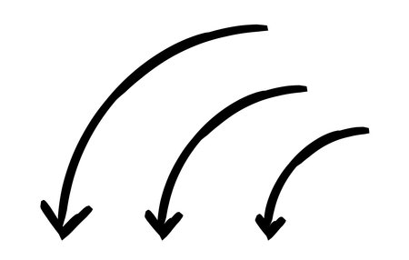 Curved down arrows in sweeping motion hand-drawn sketch graphic element set. Downward arc. Left curve. Doodle direction. Minimal black pointers. Ink freehand symbols. Scribble illustrationのイラスト素材