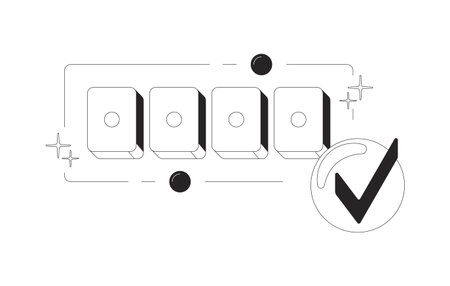 Correct code confirmation clean onboarding illustration. 4 digit input field with checkmark. Login verification success. UX design. Mobile UI app introduction. Black and white line vector conceptのイラスト素材