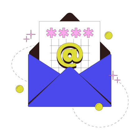 Email verification code modern onboarding illustration. Envelope with asterisks at sign. Secure communication. Mail confirmation. Web design UI. Flat vector concept. Mobile app intro. Minimal UX sceneのイラスト素材