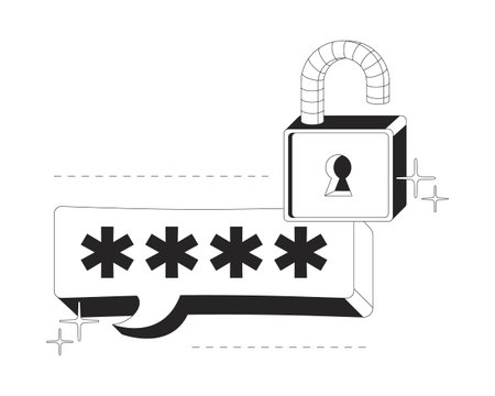 Safe password security clean onboarding illustration. Speech bubble with asterisks and open padlock. Secure login field. UX design. Mobile UI app introduction. Black and white line vector conceptのイラスト素材