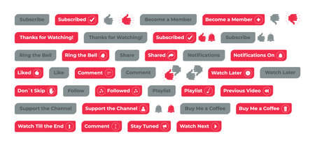 Mixed flat social media web button set. Enabled and disabled states. Video interaction. Active,...
