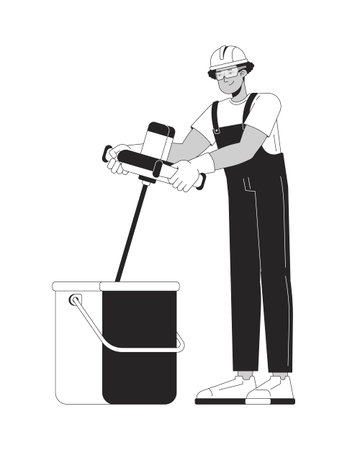 Construction worker using electric mixer to stir plaster in bucket 2D line character. Interior finishing work. Hispanic tradesman isolated vector ink outline person. Monochromatic spot illustrationのイラスト素材