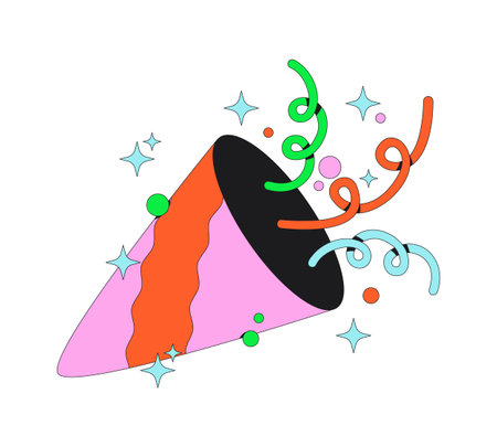 Funky party popper fanfare flash message success illustration. Celebration burst with confetti and sparkles. Done UI state. Web design. Mobile onboarding. Flat vector concept. Micro UX sceneのイラスト素材