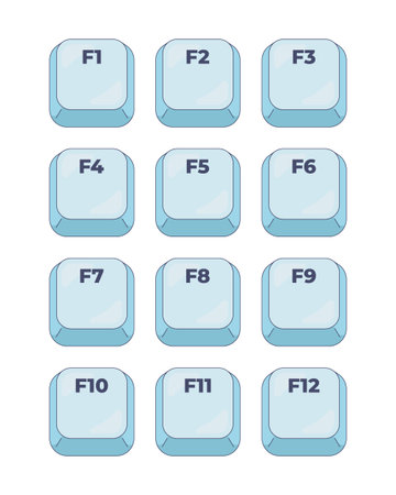 F1-F12 function keys computer keyboard shortcut set. System controls. Commands layout. Input hardware. Hotkey combo buttons for PC and laptop. Fast software efficiency. Flat vector illustrationのイラスト素材