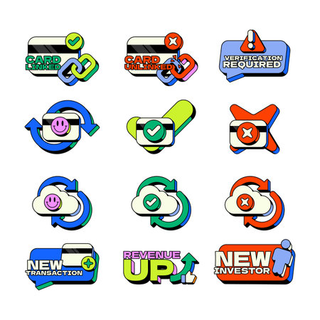 Credit card management and cloud sync UI overlay alert illustration set. Fintech interface. Success and failure. Y2K neubrutalism popup notification element collection. Status messages in retro designのイラスト素材
