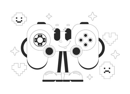 Cheerful game controller standing proudly outline groovy mascot character. Gamepad videogame....